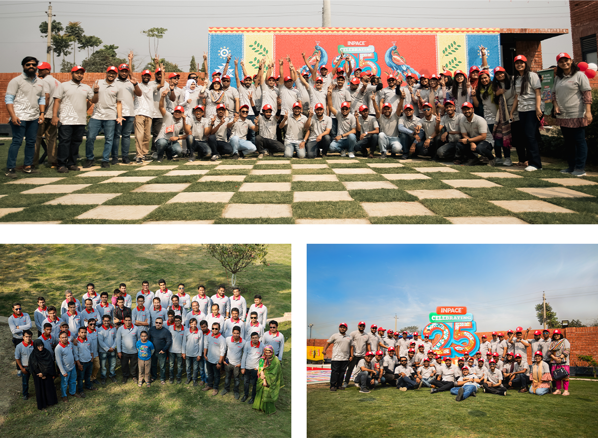 Inpace team group collage from outdoor anniversary events.